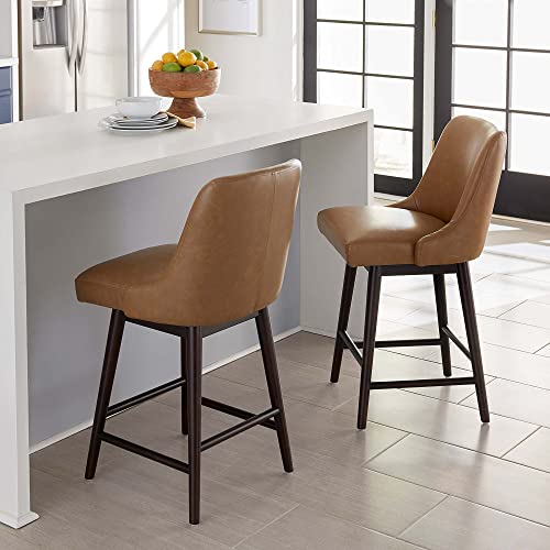 Chita Bar Stools,26” Counter Height Barstool Swivel Upholstered Chair With Back,360°Free Swivel Barstool,Faux Leather In Saddle Brown #TOP6