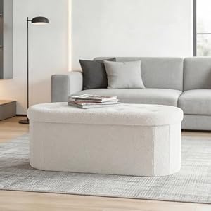 DUMOS 43 Inch Storage Ottoman Bench End of Bed, White | End of Bed Bench for Bedroom, Foot Rest Bench Stool, Oval Round Folding Storage Chest, Teddy Fabric