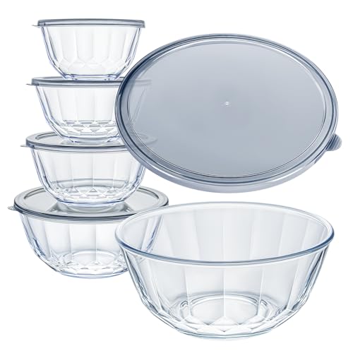 Luvan Glass Mixing Bowls with Lids Set of 5(0.85qt,1.11qt,1.69qt,2.85qt,4.7qt), Large Salad Bowl with Diamond Pattern & Grey Transparent Lids, Kitchen Clear Mixing Bowl for Serving Baking Prep Storage