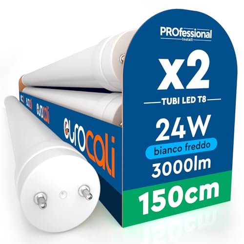 Eurocali 2 Tubi LED 24W 150cm T8 G13 SMD con Starter 3000 Lumen Garanzia 3 Anni - Luce Fredda 6500K - Alta Luminosità 125 lm/W - Materiale Nano Plastic Sostituzione Neon per Soffitto Garage Negozio