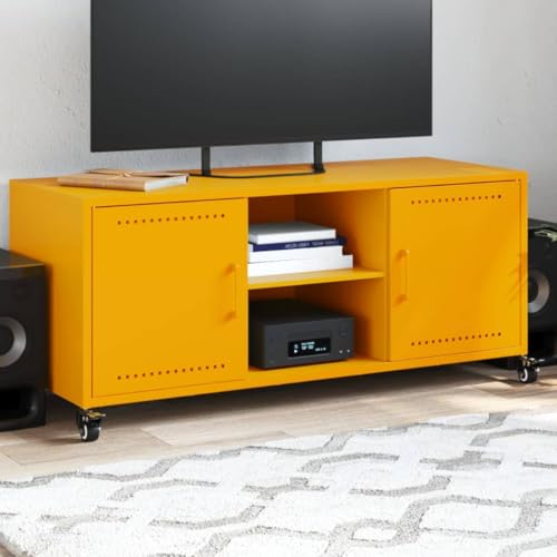 Homgoday Mueble TV amarillo mostaza 100,5 x 39 x 43,5 cm de acero, mesa para TV, mueble para TV salón, mueble bajo para TV de salón industrial soporte TV modelo 846665