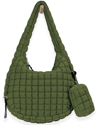 GASSDA Puffer-Tragetasche für Damen, groß, gesteppt, flauschig, leicht, Crossbody-Tragetasche für Damen, dunkelgrün, Large