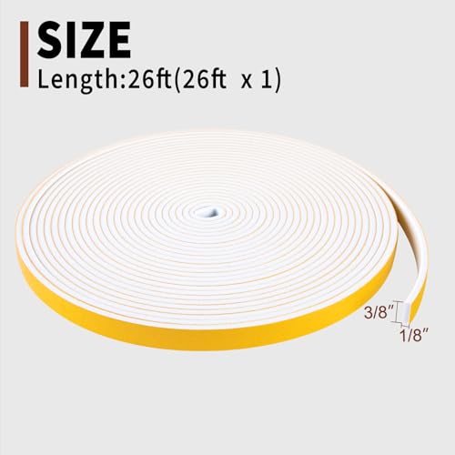 Image of Yotache Weather Stripping Door Seal Strip White 3 /8 inch x1 /8 inch, 26Ft Length | Foam Insulation Tape, Gasket for Door Frame and Windows