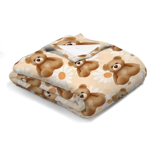 Image of Cute Bear Daisy Flowers Baby Blanket for Boys Girls Baby Animal Flannel Soft Receiving Blankets Swaddle Blanket Kids Toddler Nursery Bed Blankets Stroller Crib Cover Daycare Playmat 40x50