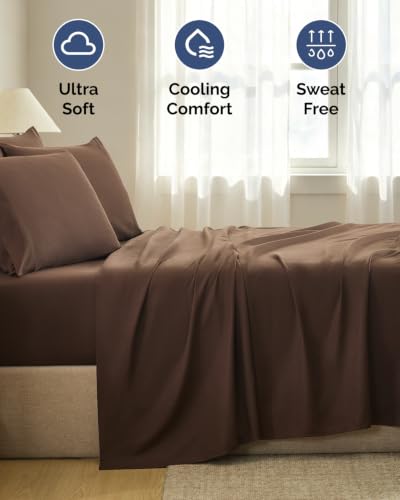 Image of Cal King 6 Piece Bed Sheet Set - Soft & Cooling Sheets - Chocolate Brown