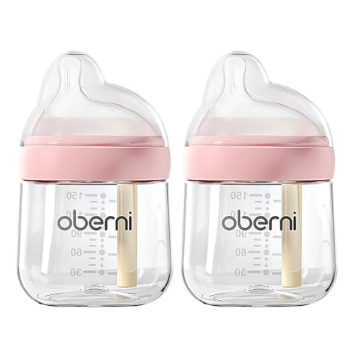 Image of Oberni Glass Baby Bottles,Anti Colic Breastfeeding Bottles with Natural Response Nipples,Wide Neck Baby Bottle for Babies,Newborn 0-6 Months, BPA Free-Off-Centered Nipple-Size S(5 Ounce, Pink, 2 Pack)