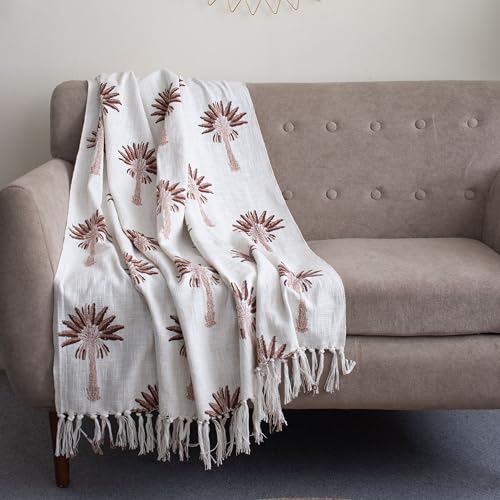 Image of Hand Block Printed Cotton Jute Sofa Throw Blanket 50x70 Inches Soft Lightweight Decorative Couch Coverlet with Tassels Boho Living Room & Bed Cover (Palm Tree Design, Off White & Brown)