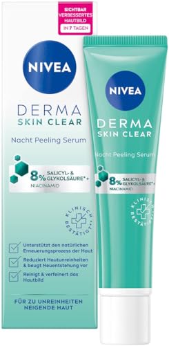 NIVEA Derma Skin Clear Nacht Peeling Serum (40 ml), Anti Pickel Serum für ein sichtbar verbessertes Hautbild, reinigendes und hautbildverfeinerndes BHA & AHA Peeling mit Niacinamid