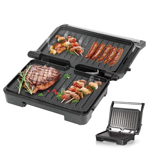 Griglia elettrica per bistecche, 1000 W, doppia piastra con superficie antiaderente, reversibile a 180° per grigliare, preparare waffle e panini, griglia da interno con vassoio raccogligocce rimovibil