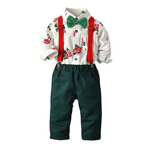 Baby Boys' 2Pcs Gentleman Suit Outfits Clothes Set for 0-5T Little Kids Toddler Newborn Bow Tie Floral Shirt+Suspenders Pants (White, 18-24 Months)