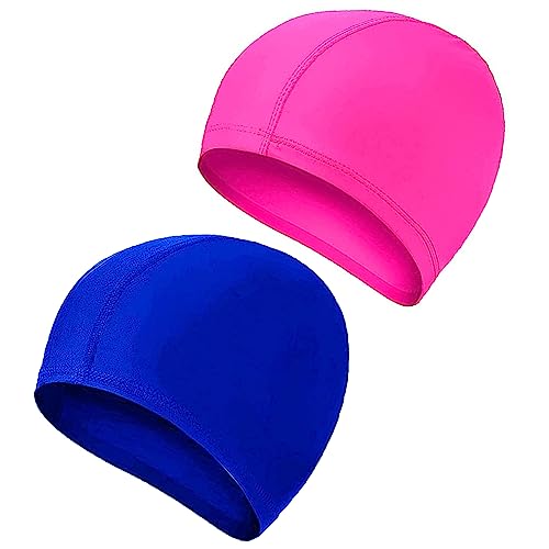 Lot de 2 bonnets de bain pour enfants, filles, garçons et adultes, adolescents, bonnets de bain confortables et légers, super extensibles, ne tirent pas, pour cheveux longs et courts (bleu roi/rouge)