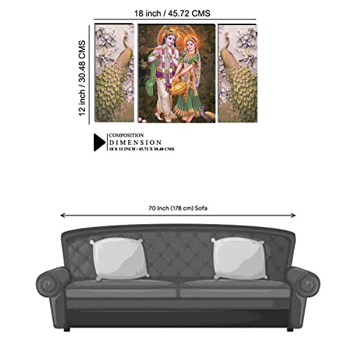 Image of Indianara Set of 3 Radha Krishna with Peacocks MDF Art Painting (3844FL) without glass 4.5 X 12, 9 X 12, 4.5 X 12 INCH
