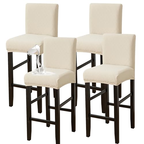 FORCHEER Bar Stool Covers with Backs Waterproof Set of 4 Stretch Diamond Jacquard Short Back Bar Stool Chair Covers Beige for Kitchen Counter Washable
