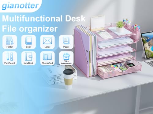 Image of gianotter 5-Tier Desk Organizer with Drawers and File Holders | Letter Trays and Pen Holders - Workspace Accessories for Office Supplies (Pink)
