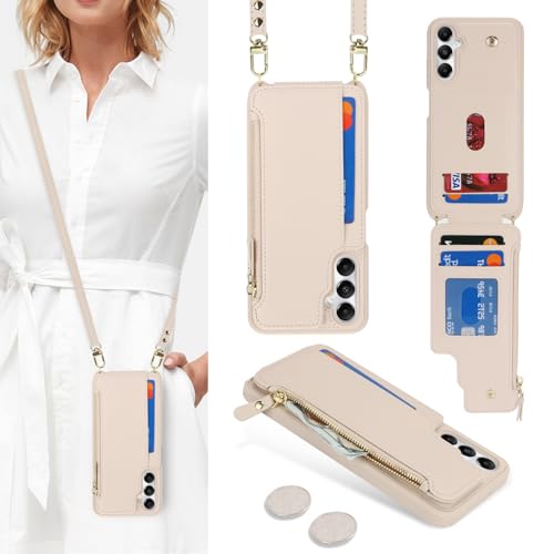 Étui portefeuille pour Samsung Galaxy A05S sacoche bandoulière femme avec fermeture éclair crème