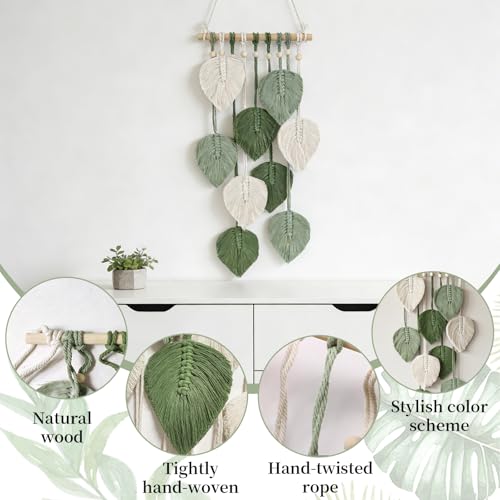 XIAOGUA Makramee Wandbehang Boho Wanddeko Wandteppich Wanddeko Baumwollseil Tapisserie Blatt Feder Wandteppich Fransengirlande Grün und Weiß Apartment Raumdekoration Haus Dekoration Chic Home Decor