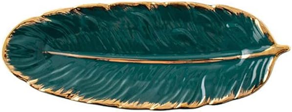 Beautiful Home Supplies Gold-Plated Ceramic Plate Fashion Feather Design Fruit Plate Tray Tableware Accessories Dessert Fruit Plate Kitchen Dinner Plate/Large-Green