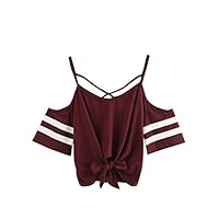 SweatyRocks Women’s Knotted Cold Shoulder T Shirt Criss Cross Crop Tops