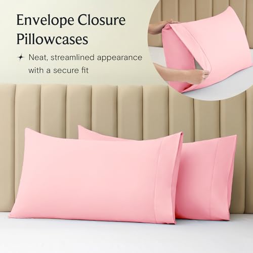 Image of LuxClub 4 PC Sheet Set Bed Sheets Deep Pockets 16 inch Eco Friendly Wrinkle Free Cooling Machine Washable Hotel Bedding Silky Soft - Baby Pink Full