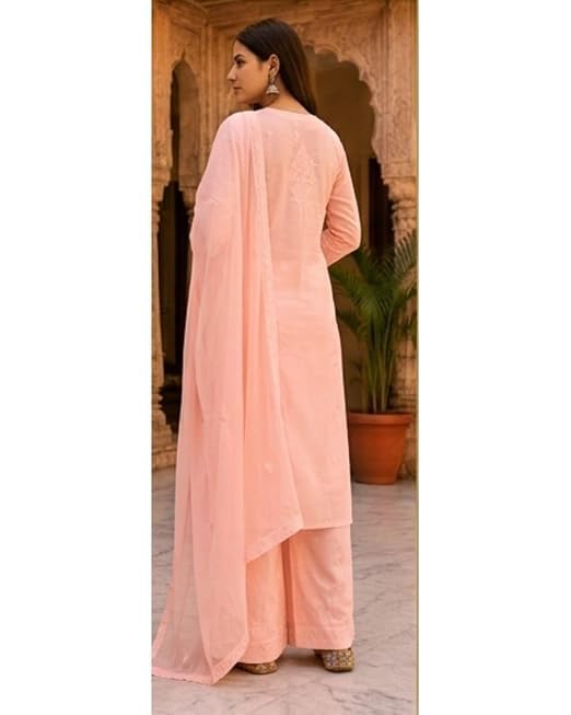 Image of Women's Embroidered Mul Chanderi Chikankari Kurta with Palazzo and Dupatta Set Ethnic Wear 3 Piece Suit Set for Women Festive Traditional Party