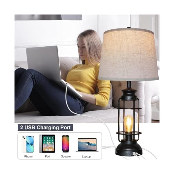 Table Lamps Set of 2 with USB Port 3 Way Dimmable Touch Lamps 28.5" Tall Rustic Industrial Living Room Lamps for Bedroom Bedside Office 4 Bulbs Included - Image 4