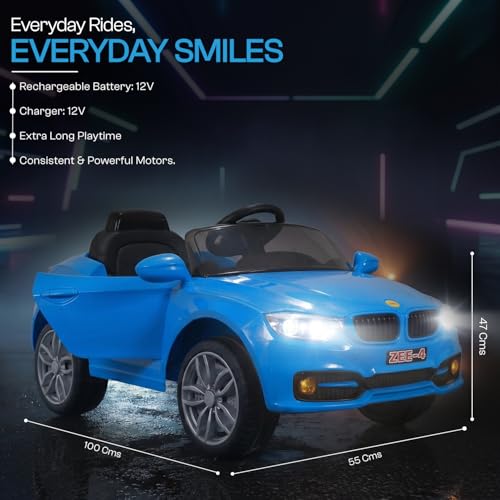 Image of Toyzone Zee-4 Electric Car (Blue) | 12V Rechargeable Car for Kids with 4.5ah Battery | LED Lights, Music, MP3 /USB /BT | Smooth Acceleration | 6M Battery Warranty | Age 2-9 Years, Upto 35 kg
