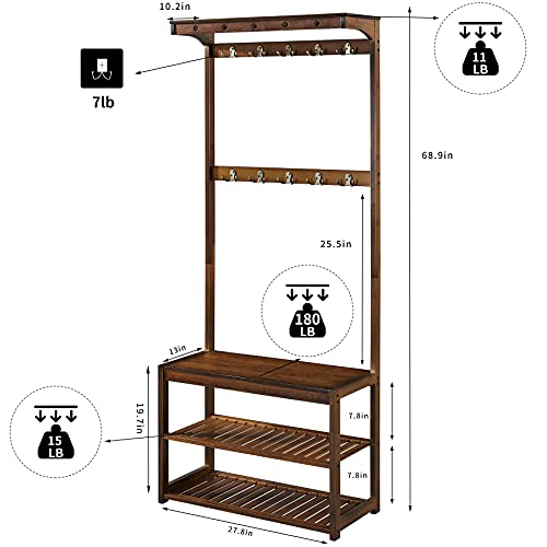 Seirione Bamboo Coat Rack Shoe Bench, 5 In 1 Design Hall Tree Entryway Storage Organizer For Mudroom, Hallway, Foyer Etc, 10 Double Hooks, 1 Top Shelf, Easy Assembly, Vintage #TOP6