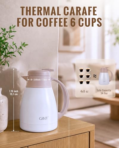 Image of GiNT Insulated Coffee Carafe 34 Oz, Small Stainless Steel Flask for Hot Coffee with Fully Washable Detachable Lid, Portable Thermal Pitcher One-Hand Push Button Tea Dispenser for Travel Camping Office