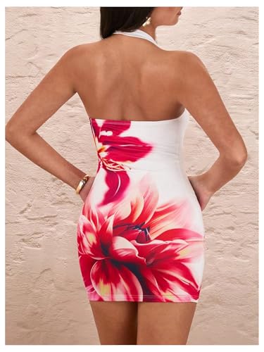 OYOANGLE Women's Floral Print Y2K Mini Dress Halter Neck Sleeveless Fitted Short Dresses2