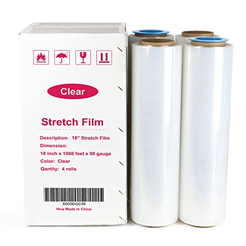 4 Pack Clear Stretch Wrap Industrial Strength With Plastic Handle 18" X 1000 Feet 80 Gauge, Plastic Pallet Supplies Durable Self-Adhering For Packing, Moving, Heavy Duty Shrink Film Rolls, Bomei Pack #TOP5