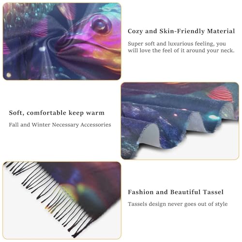 AIXIWAWA Women's Pashminas Scarf Neon Fishes Print, Shawls Wrap Lightwight with Tassel for Evening Dress Dinner Party4
