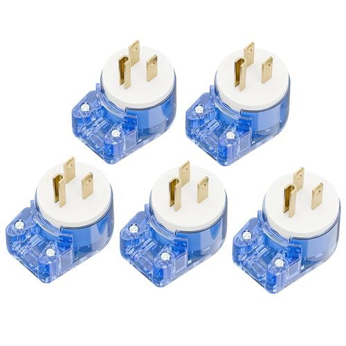 Plugrand 5 Pack ETL Listed Nema 5-15P Plug, 90 Degree Right Angle Plug | 15A 125V Angled Plug, Nema 5-15P DIY AC Plug,USA 3-Prong Household Right Angle AC Plug, Transparent Blue