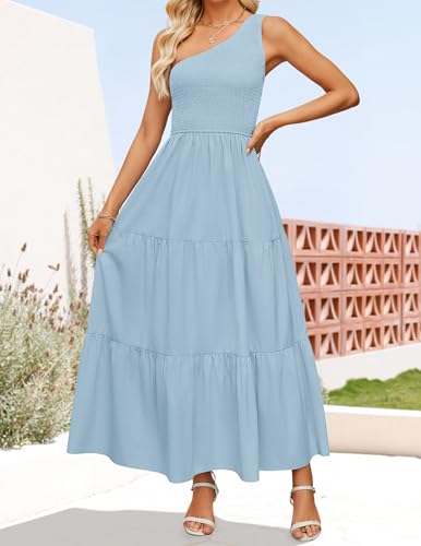 Image of ZESICA Women's 2026 Bohemian Summer Floral Print One Shoulder Sleeveless Smocked Ruffle Tiered Beach Long Midi Dress