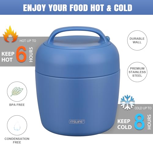 Image of Thermo Food Jar for Hot Food Adults 32OZ Soup Thermo Lunch Containers Wide Mouth Vacuum Insulated Stainless Steel Leakproof Bento Box with Spoon (New) (NEW-BLUE)