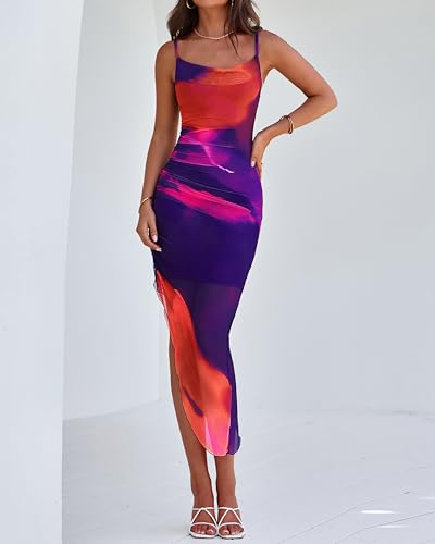 Image of PRETTYGARDEN Women 2025 Summer Mesh Dress Spaghetti Strap Cowl Neck Print Ruched Bodycon Dresses Asymmetrical Long Dress