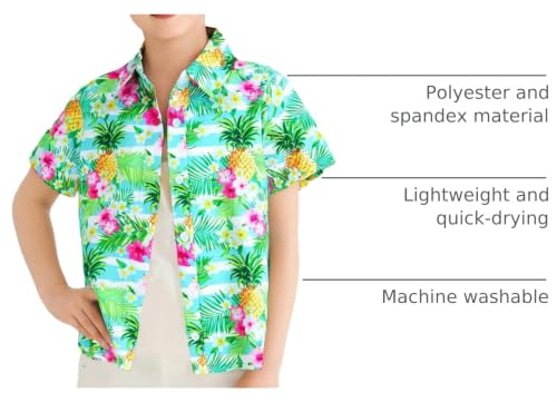 Image of Boy Girl Hawaiian Shirt Tropical Button Down Blouse Summer Casual Beach Shirt Kid Short Sleeve Top Size 5-14 Years