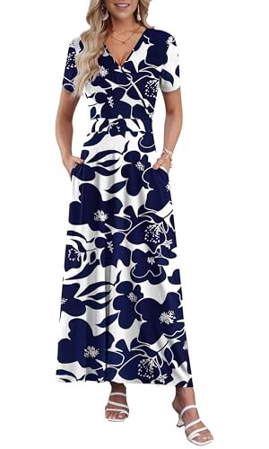 AUSELILY Maxi Dresses for Women Ankle Length Floral Print Beach Long Flowy Dress with Pockets White Navy Flower 2XL