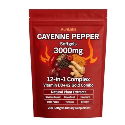 AuriLabs Cayenne Pepper Softgels - Enhanced with Vitamin D3+K2 Complex - Features Grape Seed Hawthorn & Beetroot Extracts - Herbal Supplement (1)