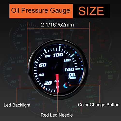 7 Color Oil Pressure Gauge 0-140 Psi Oil Press Gauge Meter 52Mm 2-1/16" Led Backlight Black Oil Pressure Meter With Oil Pressure Sensor #TOP3