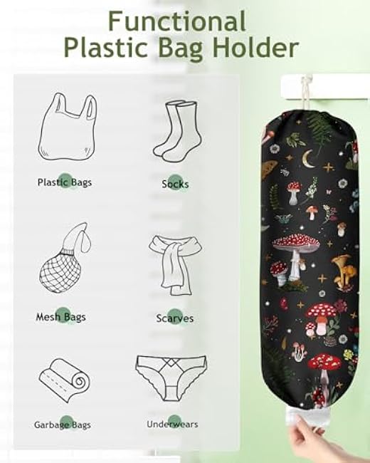 Plastic Bag Holder Organizer - 1 Pack Reusable Canvas Grocery Bags Holder Hanging Wall Cute Aesthetic Shopping Bag Storage Dispenser with Drawstring Closure for Kitchen Home, Mushroom