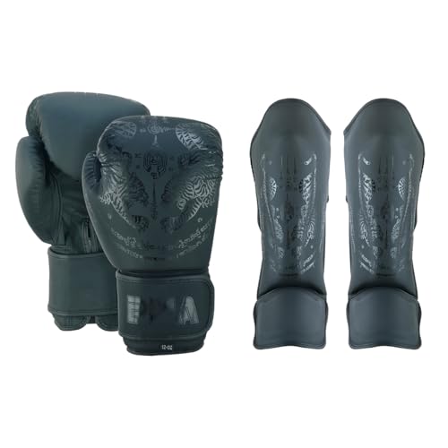 Gants de boxe muay thaï PMA Twin Tiger 16 oz avec protège-tibias assortis noir