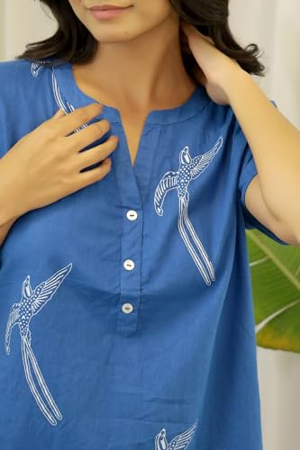 Image of SAY Printed Night Suit for Women Cotton Night Suit Set, Shirt and Pyjama, Lounge Wear Night Dress for Women - Blue
