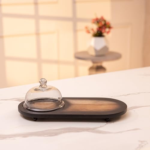 Image of Ireka Home Tamra Acacia Wood Cake Cloche with Glass Dome & Platter - Wooden Dessert Stand for Cake, Pastries, Cupcakes, Cookies & Serving Display