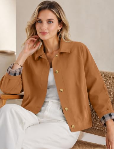 LOMON Womens Short Trench Jacket Plaid Lining Button Front Lightweight Classic Casual Outerwear with Pockets Red Brown L - image 6