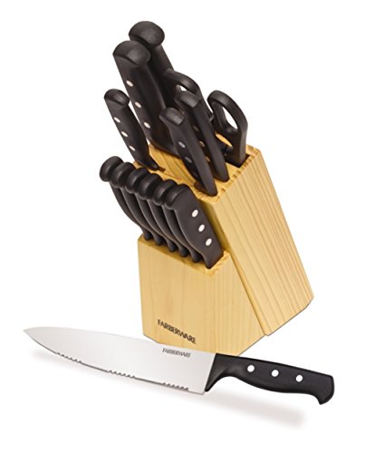 Farberware 22-Piece Never Needs Sharpening Triple Rivet High-Carbon Stainless Steel Knife Block and Kitchen Tool Set, Black