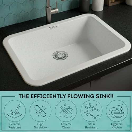 Image of BASINQU Quartz Sink for Kitchen | 24x18x9 Inches Sand-Pluto Single Bowl Sink For Kitchen Basin Round Corner Kitchen Sink | Granite UV Protected Scratch Resistant Undermount /Topmount Sinks