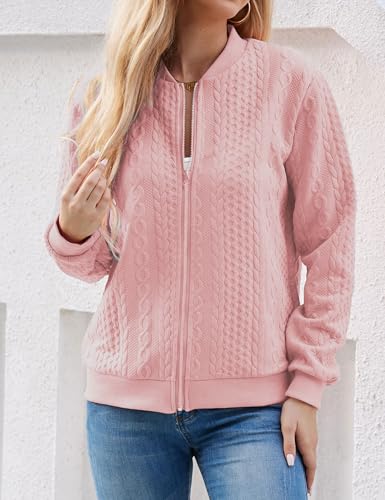 Image of WROLEM Women's Zip Up Cardigan Sweater Cable Hoodies Long Sleeve Jacket Outfits Crewneck Casual Coat