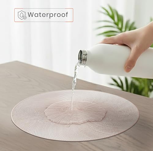 Image of Yellow Weaves 6 Pcs PVC Round Table Placemats, Dining Table Mat, Stain Resistant, Anti-Skid, Waterproof, Washable, Dining, Kitchen, Restaurant Table Set Easy to Clean, Durable (Spiral Rose Gold)