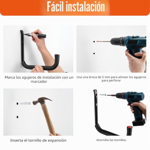 Miniatura 7 de Sinoer Ganchos De Garaje, 6 Perchas De Almacenamiento Para Montaje En Pared Con Brazo Jumbo De 9.8 Pulgadas, Resistentes Para Herramientas Y Jardín
