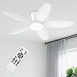 Yoedivu White Ceiling Fan with Light, 42 Inch Low Profile Flush Mount Ceiling Fan 6-Speed Wind, Quiet Reversible DC Motor, 3 Color Dimmable Lighting, Small Ceiling Fan for Living Room/Kitchen/Bedroom